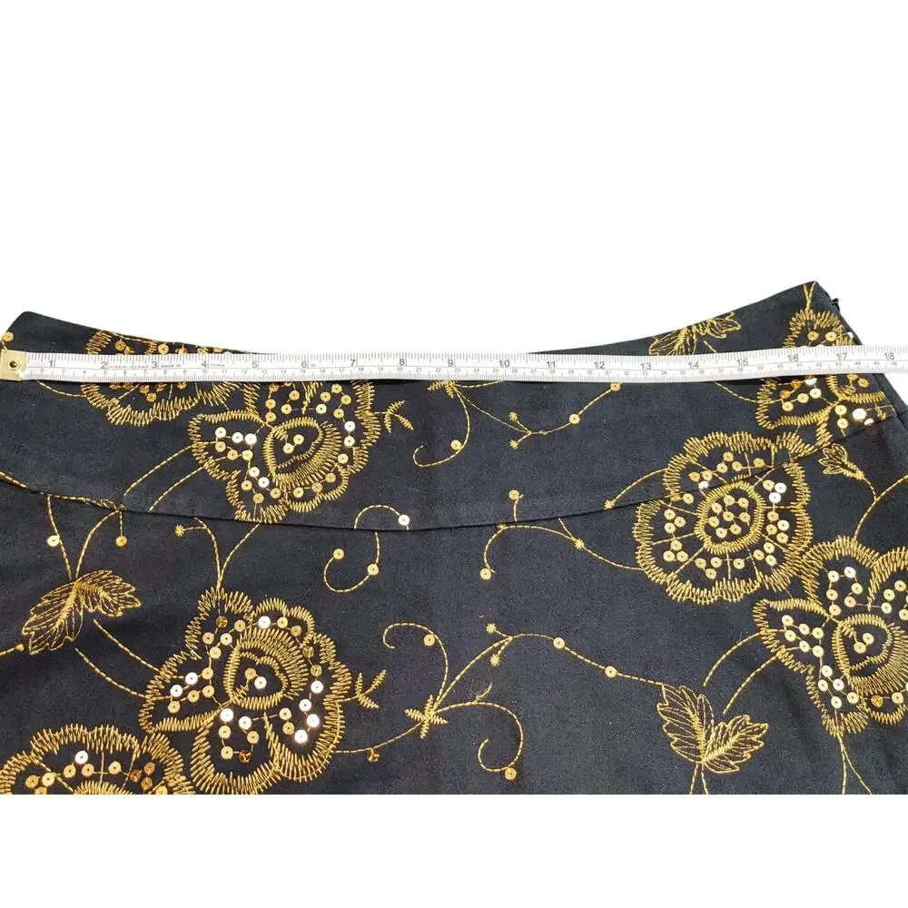 Richard Malcolm A LIne Midi Skirt Floral Sequin Embroidered Gold Black Womens 14